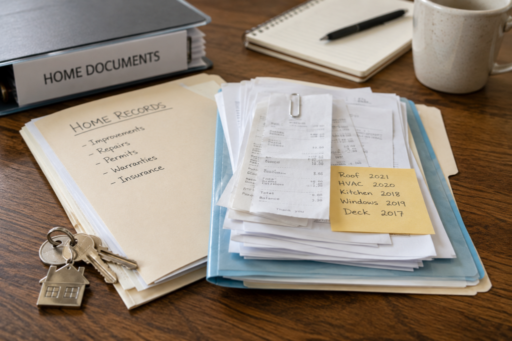 Home records, repair receipts, permits and house keys organized on a table while preparing to sell a home.