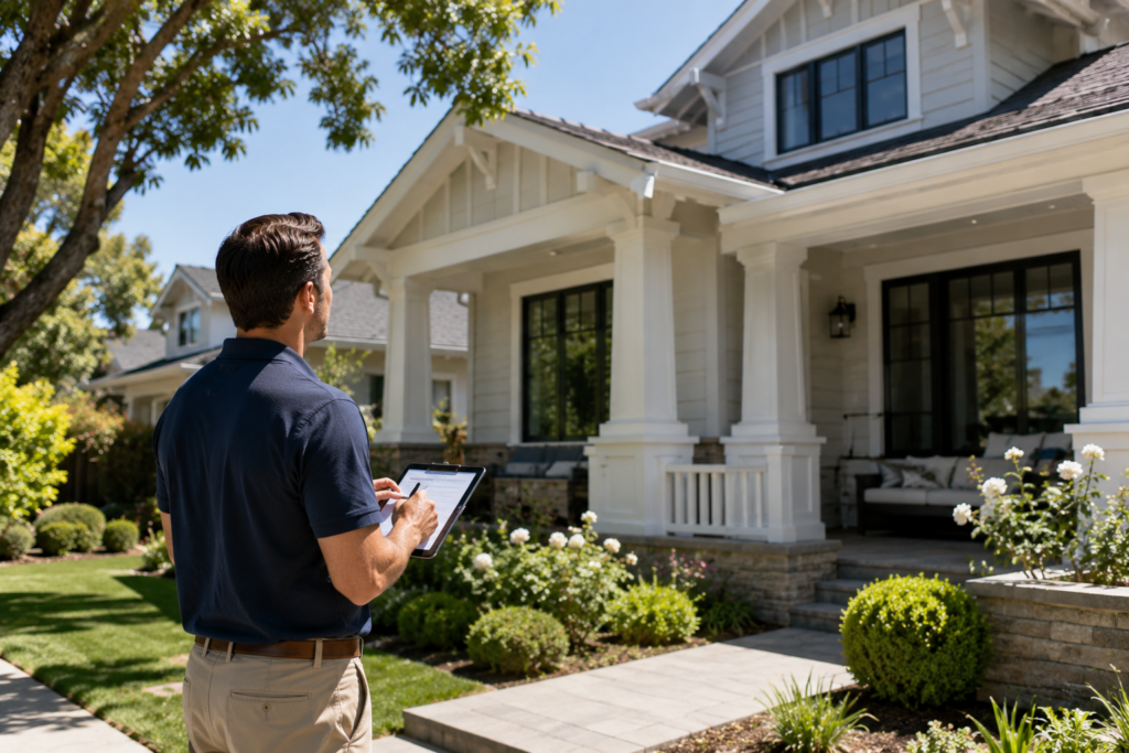 Real estate appraiser evaluating the exterior of a Los Angeles home as part of the home purchase process.